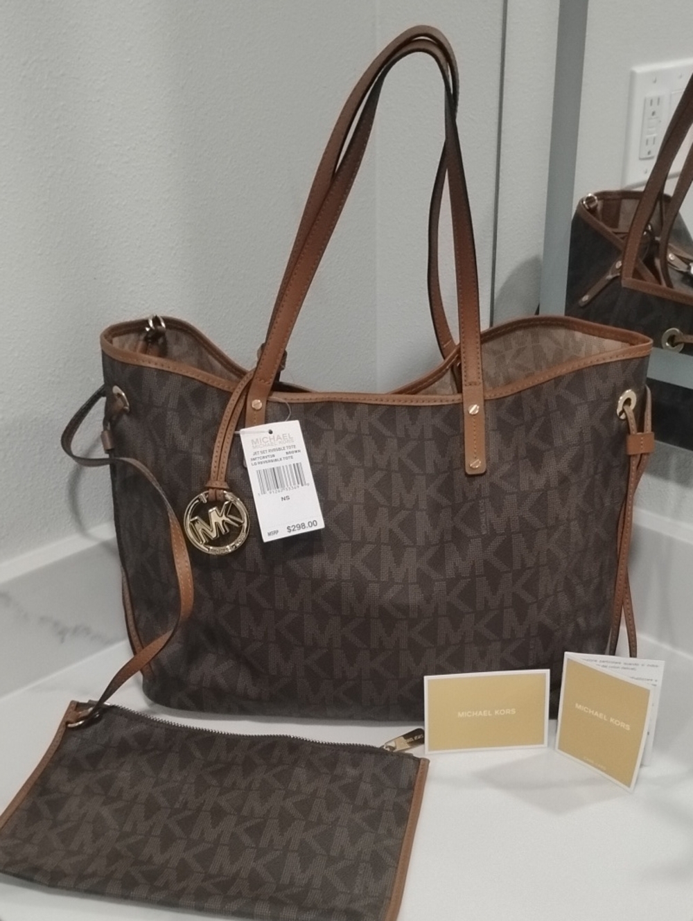 Michael Kors Brown MK Logo Tote with Tan Trim and Detachable Pouch